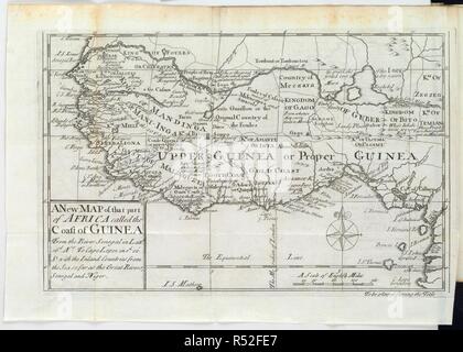 Map of Upper Guinea or Proper Guinea in Africa. Dated 1734. . A New Map of that part of Africa called the Coast of Guinea... London. A New Map of that part of Africa called the Coast of Guinea from the River Senegal in Lattd 16d NÂº to Cape Lopez in 1d 00Ê¹ Se with the Inland Countries from the Sea so far as the Great Rivers, Senegal and Niger. Published by James, John, and Paul Knapton, 1734. A Scale of English Miles, 360[ = 57 mm]. Source: 279.e.26. Language: English. Stock Photo