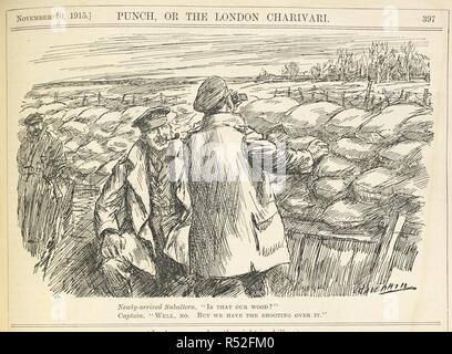 Newly-arrived subaltern. 'is that our wood?' Captain.'Well, no. But we have the shooting over it'. A cartoon of the First World War depicting two British officers in a trench. Punch or the London charivari. London, 1915. Source: PP.5270, 10 November 1915, page 397. Author: Raven-Hill, Leonard. Stock Photo