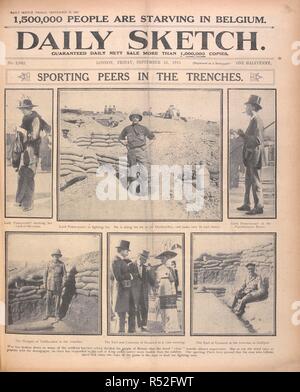 'Sporting peers in the trenches'. Lord Powerscourt, Lieut. Viscount, A.P.M. 10th Irish Division; 8th Earl of Granard,Lieut.Col. 5th Royal Irish Regiment; Marquis of Tullibardine (Duke of Atholl). Photographs of officers serving in the Dardanelles. Daily Sketch. London, 1915. Source: Daily Sketch, 24 September 1915, front page. Stock Photo