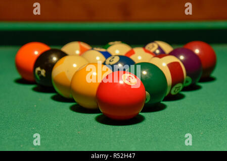 Billiard balls and cue on the pool table games, felt, numbers Stock Photo