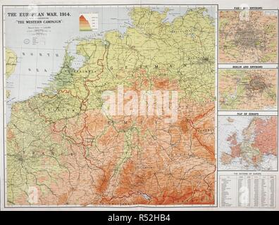 A map of Europe in 1914, the first year of the First World War. Some smaller maps showing Paris; Berlin; another map of Europe and a list of the nations of Europe. The European War, 1914. Map illustrating â€œThe Western Campaign.â€ (Plus): etc. (Paris and environs; Berlin and environs; Map of Europe. W. & A.K. Johnston's War Map. Paris to Berlin, orographically coloured). Edinburgh : W. & A.K. Johnston, [1915]. 980 x 705 mm.; Scale 1: 1 175 000. Source: Maps.1035.(120). Stock Photo