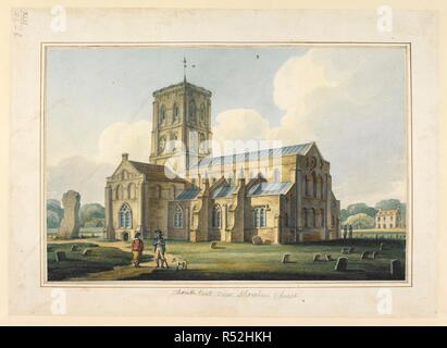 A man and woman with a dog standing on a path leading up to New Shoreham Church; a large rock to the left-hand side; gravestones throughout the scene; two figures in the distance to the right; a house in the background; trees throughout the scene. South East View Shoreham Church. 1803. Source: Maps K.Top.42.24.b. Language: English. Author: Whichelo, C. John Mayle. Stock Photo