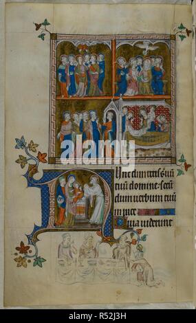 Three-part miniature of scenes from the life of the Virgin, including the Assumption of Christ, the Pentecost and the death of Mary, with an historiated initial 'N'(unc) of the Presentation in the Temple. A bas-de-page scene of a messenger announcing the arrival of four knights to Thomas Becket. Psalter ('The Queen Mary Psalter'). England (London/Westminster or East Anglia?); between 1310 and 1320. Source: Royal 2 B. VII, f.297v. Language: Latin, with French image captions. Stock Photo