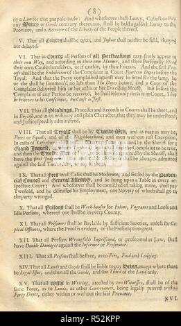 Having received a substantial grant of lands in 1681 in what would become known as Pennsylvania, William Penn set about devising a constitution for his new colony, which became The Frame of the Government of Pennsylvania. That document, and its accompanying â€˜Laws agreed upon in Englandâ€™, contained many provisions based on Magna Carta, including that â€˜all Courts shall be open, and Justice shall neither be sold, denyed nor delayedâ€™ (Law V), that court proceedings â€˜may be understood, and Justice speedily administredâ€™ (Law VII). The first of these provisions closely echoed clause 40 of Stock Photo