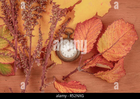 An old watch with autumn leaves, shot from above on a dark rustic wooden background, toned image Stock Photo