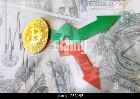 fluctuations  and forecasting of exchange rates of virtual money bitcoin. Red and green arrows with golden Bitcoin ladder on paper dollars bills backg Stock Photo