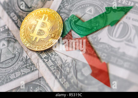 fluctuations  and forecasting of exchange rates of virtual money bitcoin. Red and green arrows with golden Bitcoin ladder on paper dollars bills backg Stock Photo