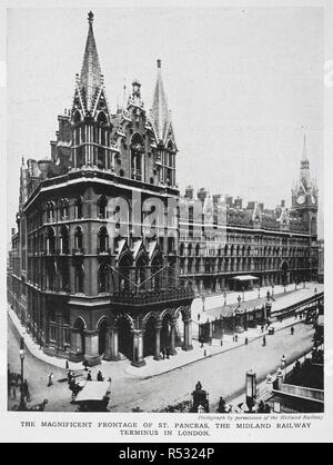 The magnificent frontage of St. Pancras, the Midland railway terminus in London. (Photograph by permission of the Midland railway.)  The Midland Grand Hotel, designed by George Gilbert Scott, opened in 1873. It is now know as the St. Pancras Renaissance London Hotel.  . Railway Wonders of the World ... Illustrated with 24 colour plates and upwards of 300 photographs. London : Cassell & Co., [1913-14]. Source: 8766.dd.10, page 588. Author: Talbot, Frederick Arthur Ambrose. Stock Photo