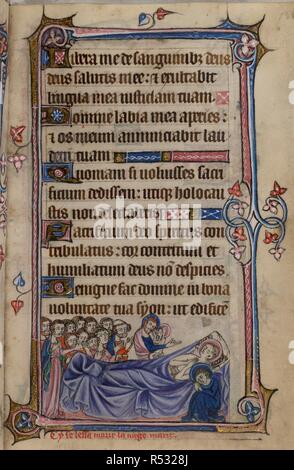 Bas-de-page scene of the Virgin in her deathbed, surrounded by mourners. Book of Hours, Use of Sarum ('The Taymouth Hours'). England, S. E.? (London?); 2nd quarter of the 14th century. Source: Yates Thompson 13, f.133. Language: Latin and French. Stock Photo
