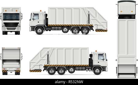 Realistic white garbage truck vector mockup. Isolated template of dump lorry on white background for vehicle branding, corporate identity. Stock Vector