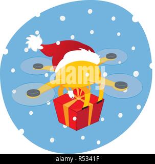 a vector cartoon representing a funny yellow drone with a santa hat flying in a snowy sky and delivering a Christmas present. Fast shipping for Christ Stock Vector