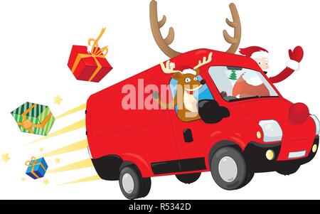 a vector cartoon representing a modern Christmas Reindeer and a funny Santa Claus, driving a speedy red van with antlers and a big red nose, deliverin Stock Vector