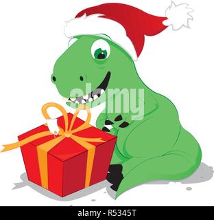a vector cartoon representing a cute and funny surprised baby dinosaur sitting on the floor and looking at a wrapped Christmas present Stock Vector