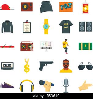 Hiphop rap swag music dance icons set. Flat illustration of 25 hiphop rap swag music dance vector icons for web Stock Vector