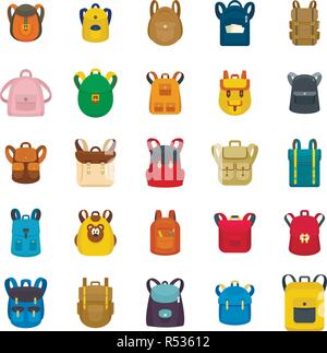 Backpack school travel sport kid camping bag icons set. Flat illustration of 25 backpack school travel sport kid camping bag vector icons for web Stock Vector