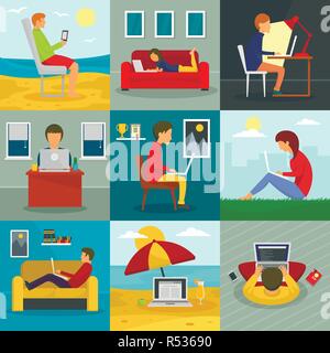 Distant work banner set. Flat illustration of distant work vector banner set for web design Stock Vector