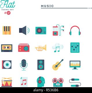 Music, sound, technology and more, flat icons set Stock Vector