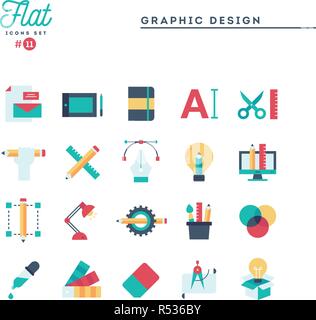 Graphic design, creative package, stationary, software and more, flat icons set Stock Vector