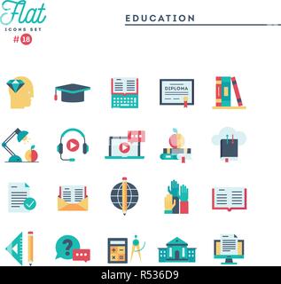 Education, online books, distance learning, webinar and more, flat icons set Stock Vector