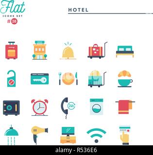 Hotel, accommodation, room service, restaurant and more, flat icons set Stock Vector