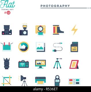 Photography, equipment, post-production, printing and more, flat icons set Stock Vector
