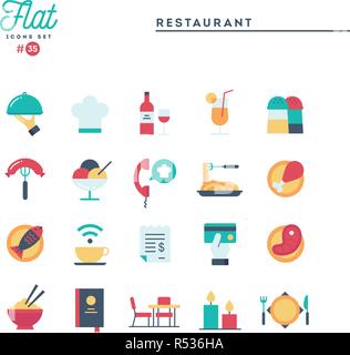 Restaurant, phone ordering, meal, receipt and more, flat icons set Stock Vector