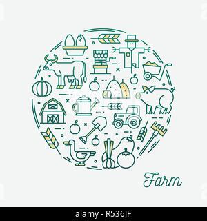 Farm, thin line icons circular frame banner Stock Vector