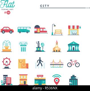 City, transportation, culture, shopping and more, flat icons set Stock Vector