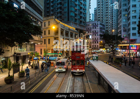 Double-decker tram (Ding Ding) at Hennessy Road in Wan Chai area. Hong Kong, January 2018 Stock Photo
