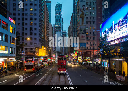 Double-decker tram (Ding Ding) at Hennessy Road in Wan Chai area. Hong Kong, January 2018 Stock Photo