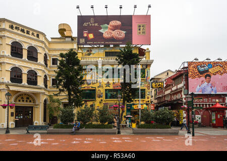 Entrance to the Rua do Cunha, the main street of Taipa village and popular tourist attraction with many shops and restaurants. Macau, January 2018 Stock Photo