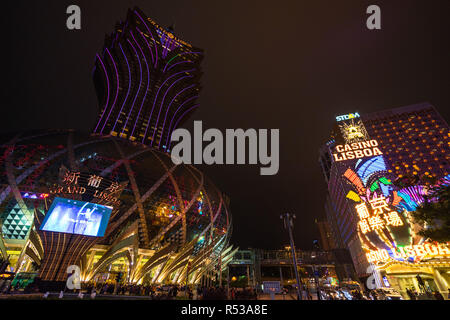 Wide angle night cityscape with Grand Lisboa and Casino Lisboa in Macau, the gambling capital of Asia. Macau, January 2018 Stock Photo