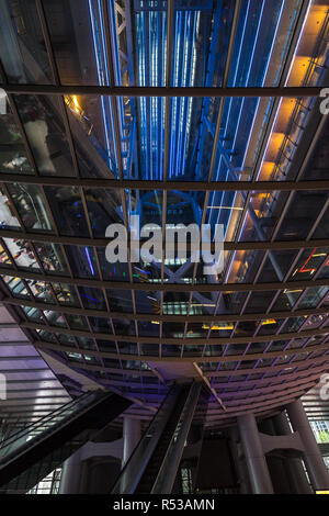 Architecture detail of the atrium of HSBC Main Building, designed by Norman Foster. Hong Kong, Central, January 2018 Stock Photo