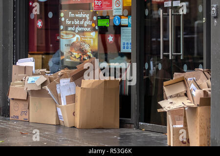 Coffee shop recycling disposable cardboard containers, merchandise, sale, empty folded boxes, Preston, UK Stock Photo