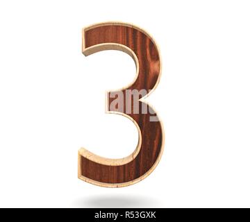 Decorative wooden alphabet digit three symbol - 3. 3d rendering illustration. Isolated on white background Stock Photo