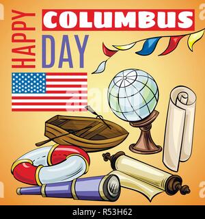 Happy columbus day concept banner. Cartoon illustration of happy columbus day vector concept banner for web design Stock Vector