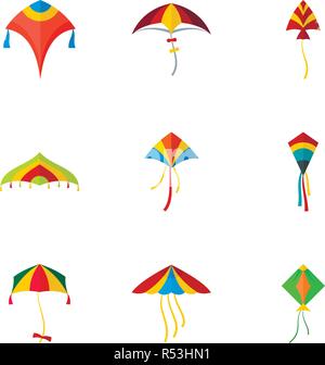 Kite icon set. Flat set of 9 kite vector icons for web design Stock Vector