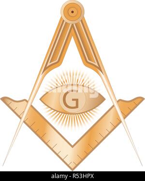 Copper masonic square and compass symbol, with G letter in an eye on sun rays. Mystic occult esoteric, sacred society. Vector illustration Stock Vector