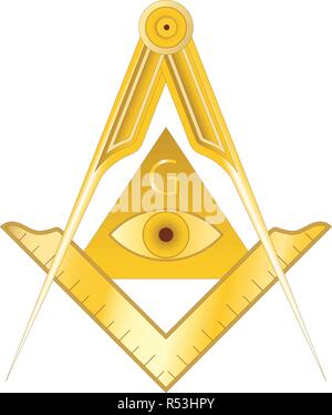 Golden masonic square and compass symbol, with triangle, eye and G letter. Mystic occult esoteric, sacred society. Vector illustration Stock Vector