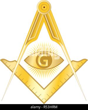 Golden masonic square and compass symbol, with G letter in an eye on sun rays. Mystic occult esoteric, sacred society. Vector illustration Stock Vector