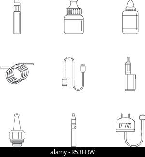 Electronic cigarette icon set. Outline set of 9 electronic cigarette vector icons for web design isolated on white background Stock Vector