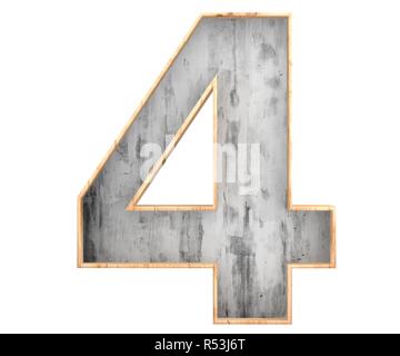 3D rendering concrete number 4 four with wooden border, isolated on white background. Figures and symbols. Cracked surface. Textured materials. Cement Stock Photo