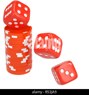 Three red game dices in flight with casino chips. Casino gambling. 3D render illustration Stock Photo