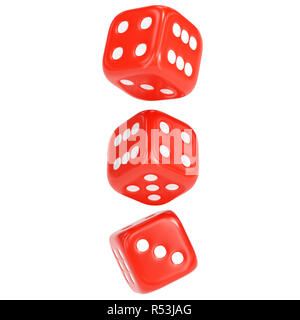 Three red game dices in flight. Casino gambling. 3D render illustration Stock Photo