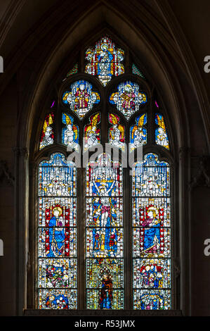 Medieval stained glass window depicting scenes from the life and martyrdom of Saint Stephen inside cathedral of York Minster in City of York, UK Stock Photo