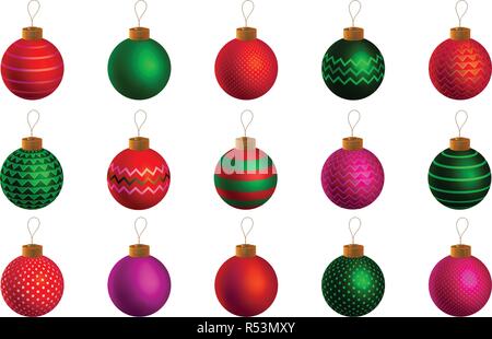 Set of fifteen round Christmas ornaments with different patterns. Stock Vector