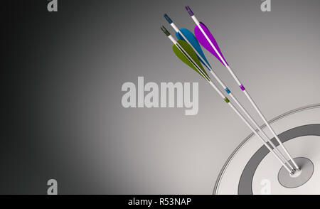 Three arrows with different colors hitting the center of a modern target, concept of team cohesiveness. 3D illustration Stock Photo