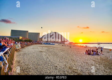 The Zurriola Beach at sunset with the Monte Urgull in the background. San Sebastian, Basque Country, Guipuzcoa. Spain. Stock Photo