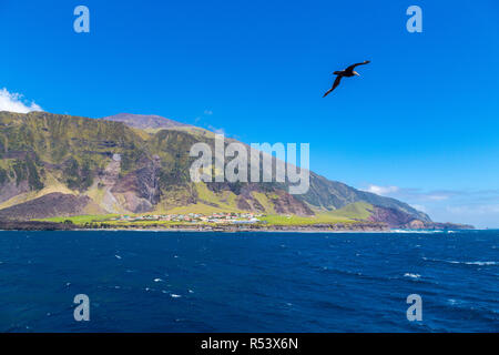 Edinburgh of the Seven Seas, the main and only town (settlement) of Tristan da Cunha, the most remote island. 1961 Volcano cone. View from roadstead. Stock Photo