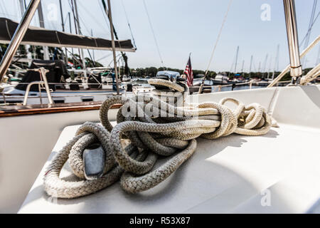 Nautical Cleat and Rope on Sailboat Stock Photo